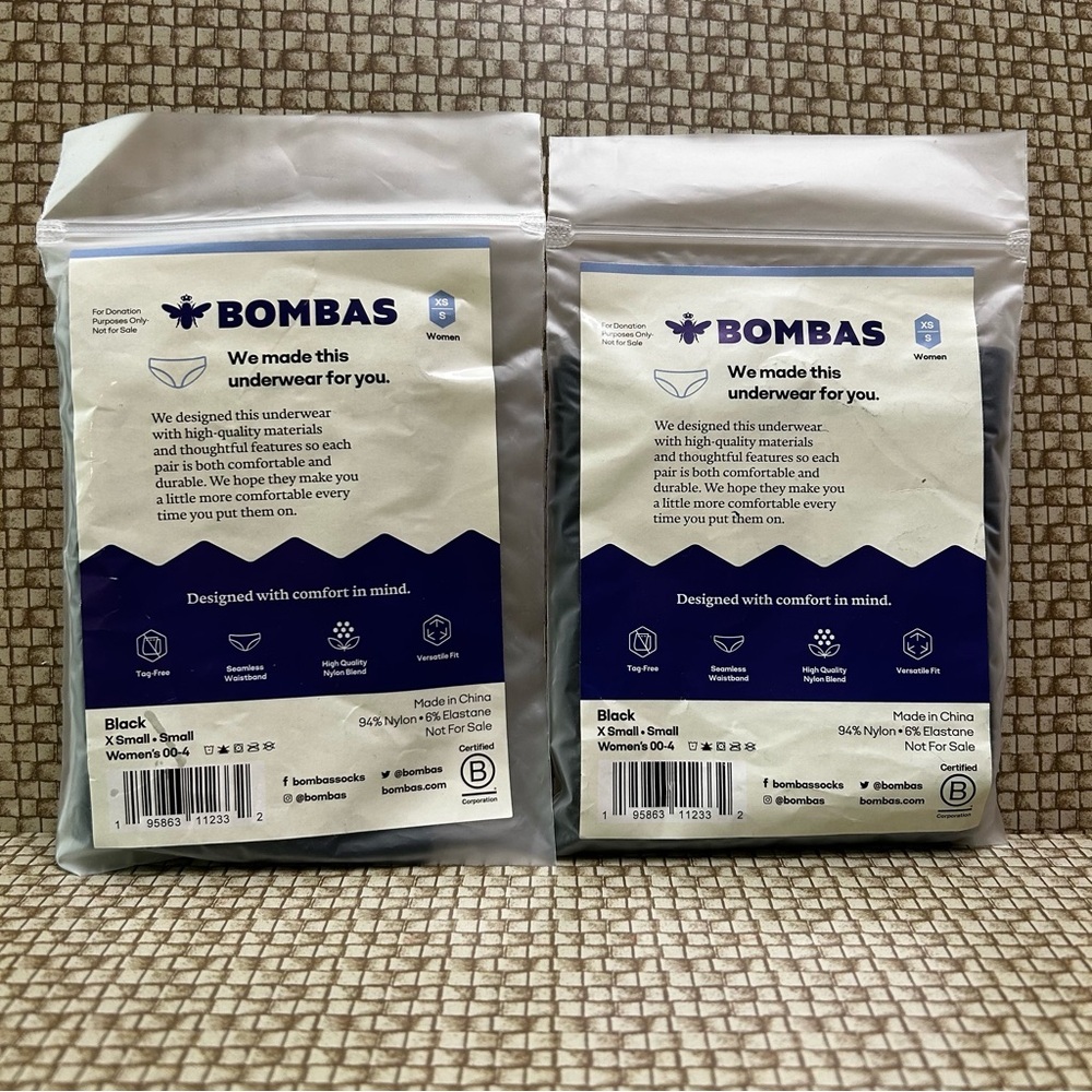 Bombas Womens Black Underwear Panties  Seamless Waistband  XS/Small 2 Packs